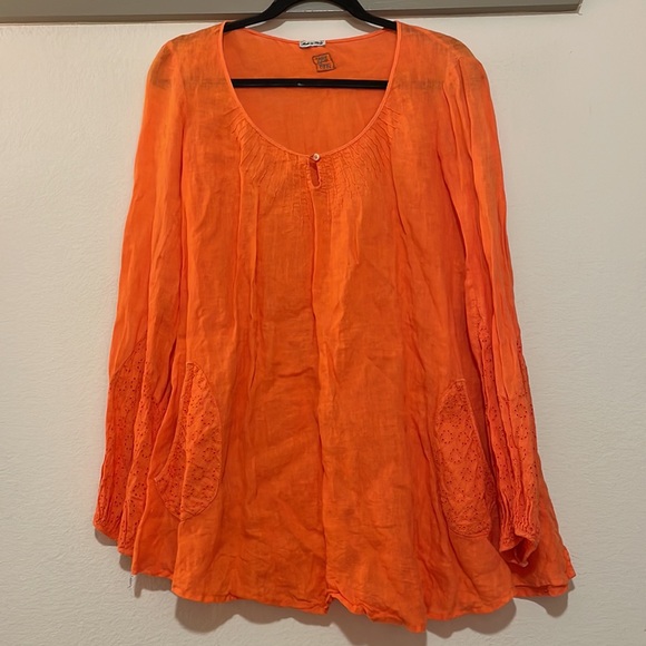 120% Lino Orange Linen Eyelet Detail Blouse SZ 40/US XS EUC - Picture 1 of 8